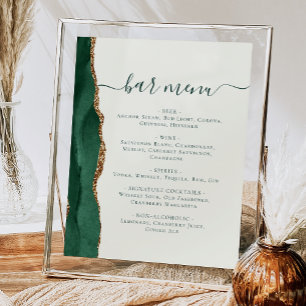 Poster Menu Bar de Mariage Émeraude Vert Or Agate Ivoire