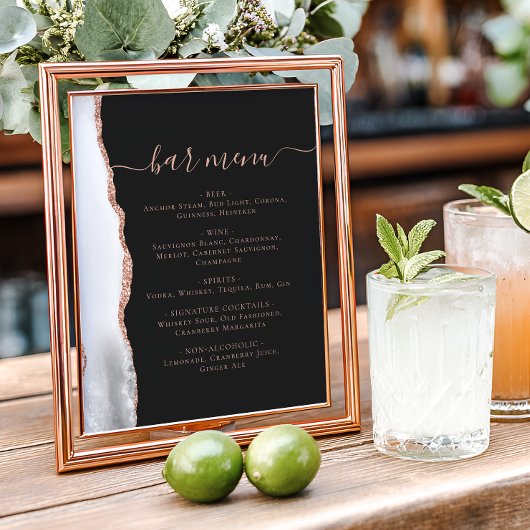 Poster Menu Bar de Mariage Rose Grise Or Agate Foncé