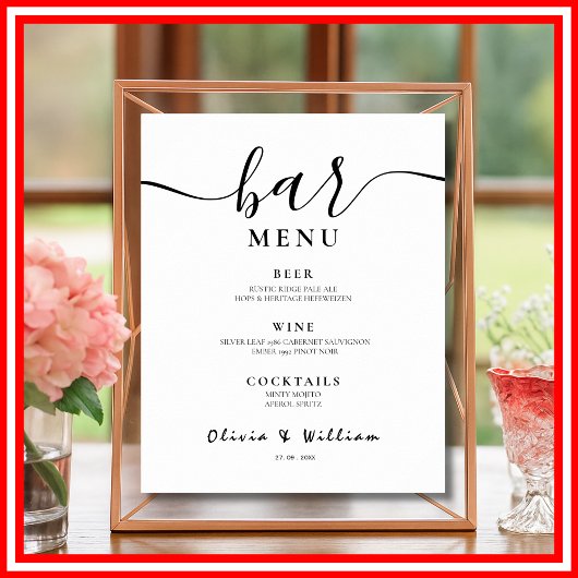 Poster Menu Bar Mariage Calligraphie Élégante Panneau de