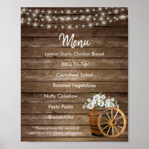 Poster Menu - Baril de bois avec fleurs blanches