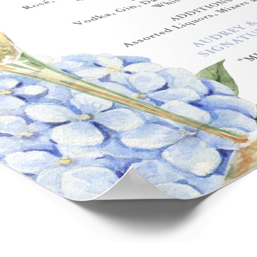 Poster Menu Blue Hydrangeas & Gold Glass Bar (Coin)