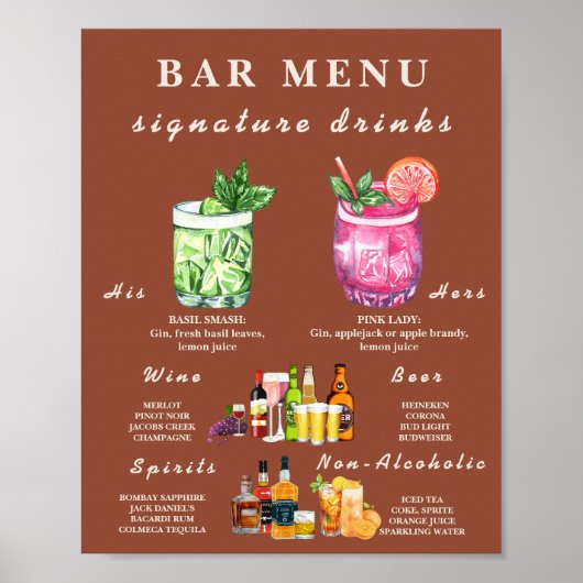 Poster Menu Boho Burnt Orange Terracotta Mariage Bar (Devant)