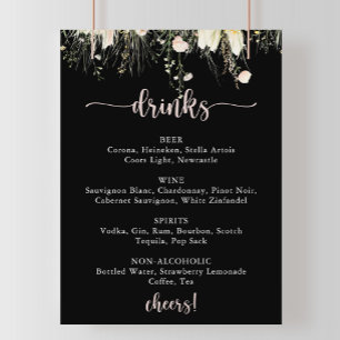Poster Menu Boho Fleur sauvage Black Mariage Boissons