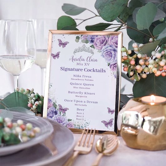Poster Menu Boisson de Quinceanera Floral Lavender Violet