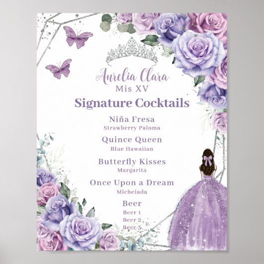 Poster Menu Boisson de Quinceañera Floral Lavender violet (Devant)