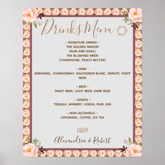 Poster Menu Boissons Cadre rose Floral Mariage Signal (Devant)