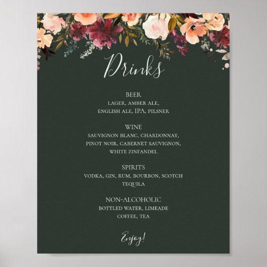 Poster Menu Boissons Mariage Floral Orange Bourgogne (Devant)