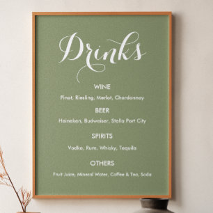 Poster Menu Boissons Mariage Vert Sauge  