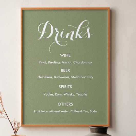 Poster Menu Boissons Mariage Vert Sauge  