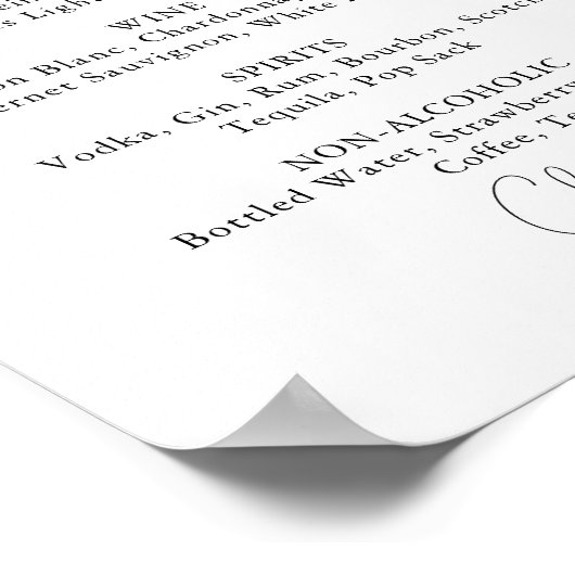 Poster Menu Boissons mariages Panneau Calligraphie simple (Coin)