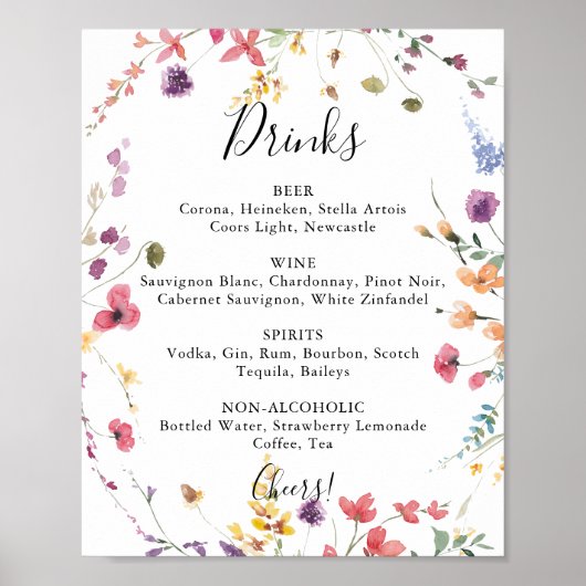 Poster Menu classique de boissons de mariage aux fleurs s (Devant)