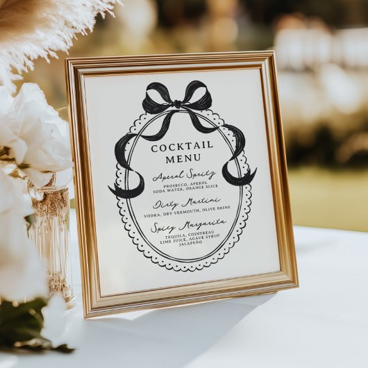 Poster Menu Cocktail Cadres de Bow Tirée Main Noire