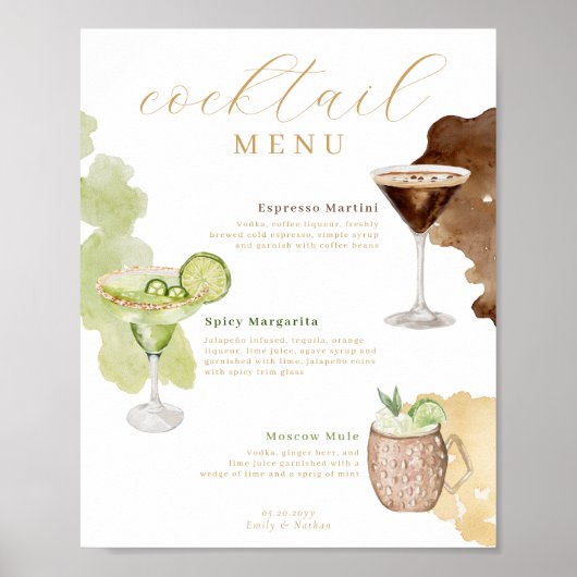 Poster Menu Cocktail menu Mariage Aquarelle Bar Menu Bois (Devant)
