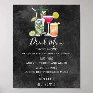 Poster Menu cocktails de boisson mariage moderne illustra