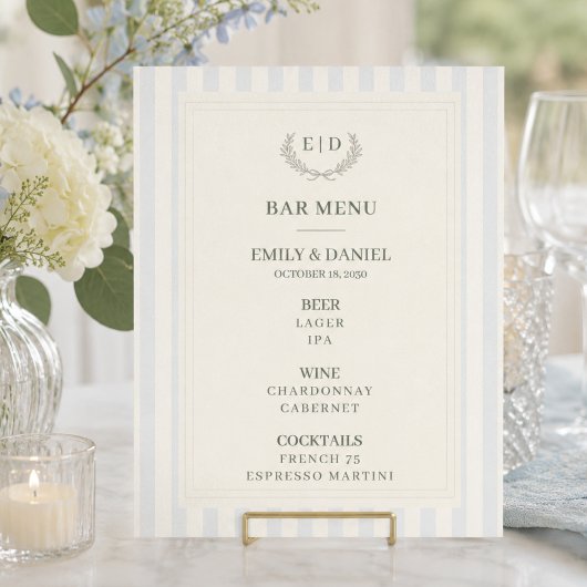 Poster Menu de bar bleu et sage rayé Monogramme Mariage