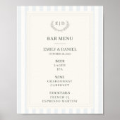 Poster Menu de bar bleu et sage rayé Monogramme Mariage (Devant)