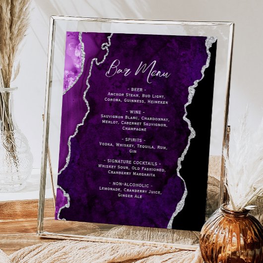 Poster Menu de bar de mariage à l'écriture argentée et ag