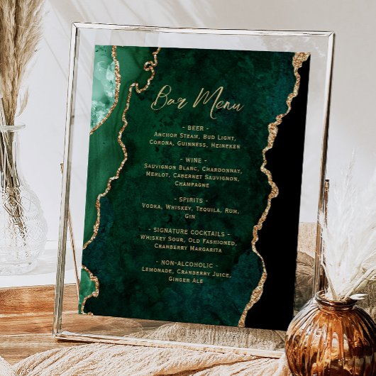 Poster Menu de bar de mariage à l'écriture en or vert éme