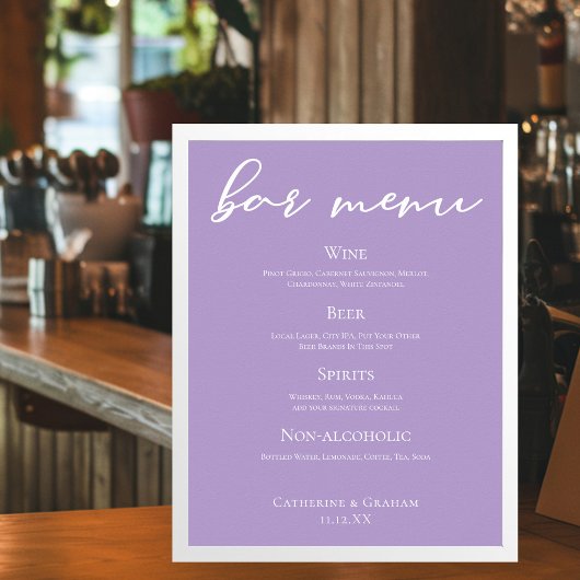 Poster Menu de bar de mariage à typographie lilas violet