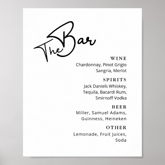 Poster Menu de bar de mariage à typographie noire et blan (Devant)