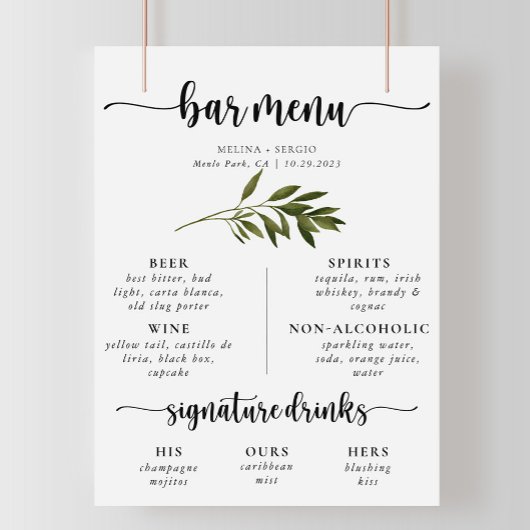 Poster Menu de bar de mariage aux feuilles vertes botaniq