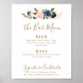 Poster Menu de bar de mariage aux fleurs roses bleues dor (Devant)