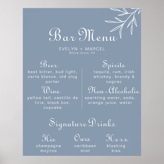 Poster Menu de bar de mariage bleu poussiéreux minimal fo (Devant)