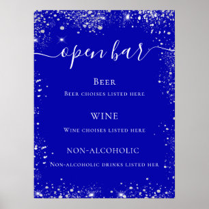 Poster Menu de bar de mariage bleu royal pailleté d'argen