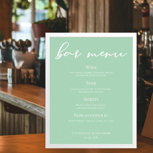 Poster Menu de bar de mariage chic vert menthe typographi