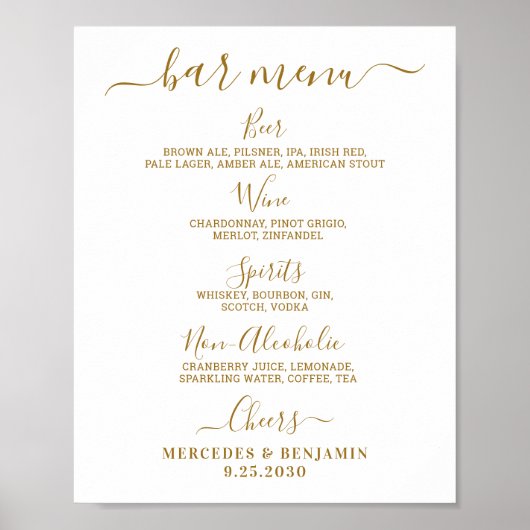 Poster Menu de bar de mariage élégant Or personnalisé (Devant)