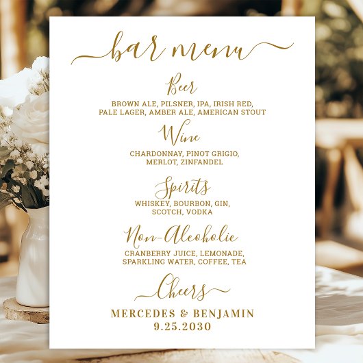 Poster Menu de bar de mariage élégant Or personnalisé 