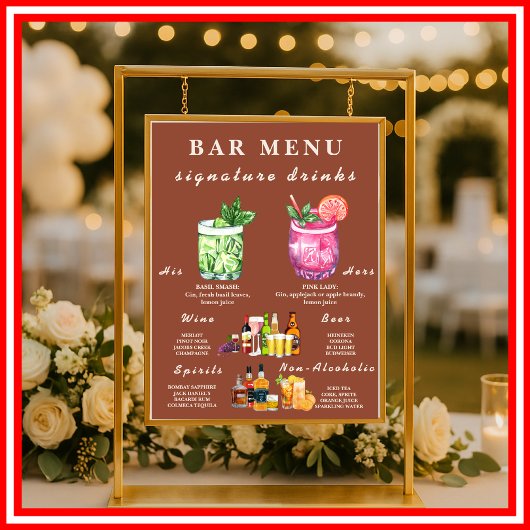 Poster Menu de bar de mariage en terre cuite orange brûlé