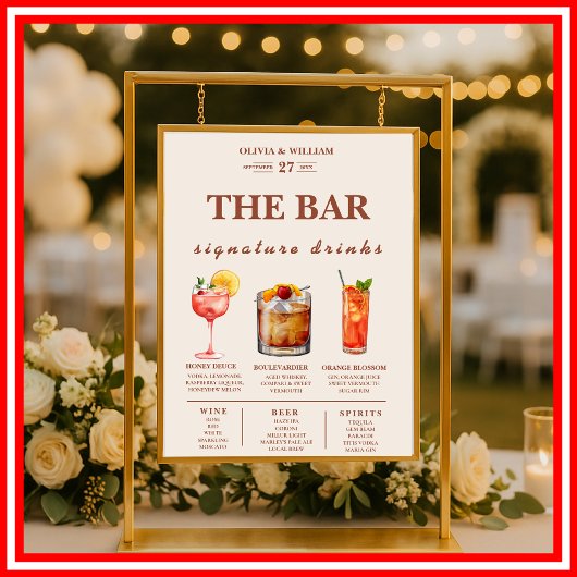 Poster Menu de bar de mariage en terre cuite orange brûlé