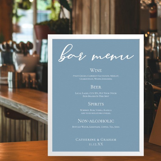 Poster Menu de bar de mariage en typographie bleu poussié
