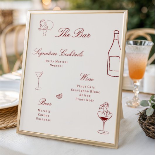Poster Menu de bar de mariage fantaisiste illustré en rou