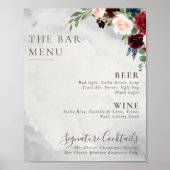 Poster Menu de bar de mariage Fleurs de Paon Rose Classiq (Devant)