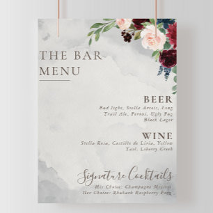 Poster Menu de bar de mariage Fleurs de Paon Rose Classiq