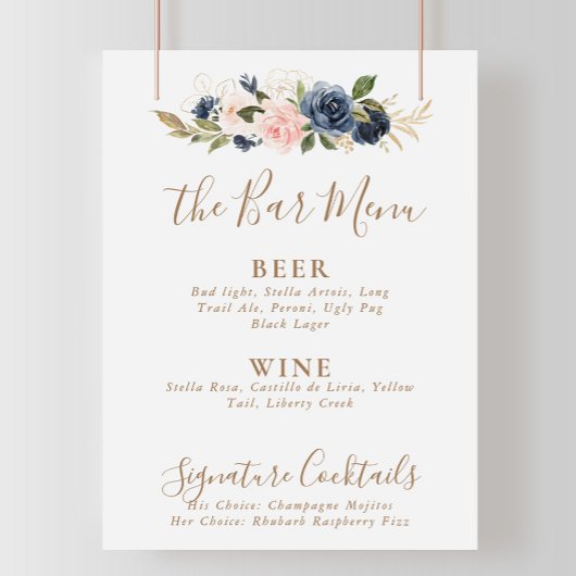 Poster Menu de bar de mariage Fleurs Rose Bleu Or 