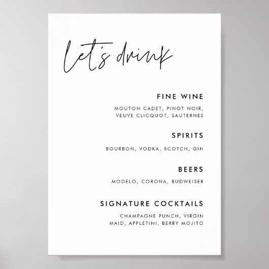 Poster Menu de bar de mariage minimaliste moderne (Devant)