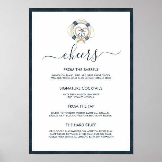 Poster Menu de bar de mariage Navy & Blanc (Devant)