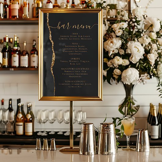 Poster Menu de bar de mariage Noir Or Agate Sombre