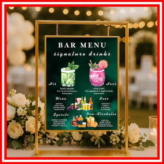 Poster Menu de bar de mariage vert émeraude