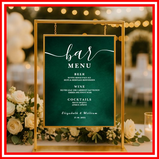 Poster Menu de bar de mariage vert émeraude