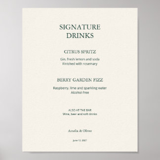 Poster Menu de bar de mariage vert ivoire - Panneau de bo