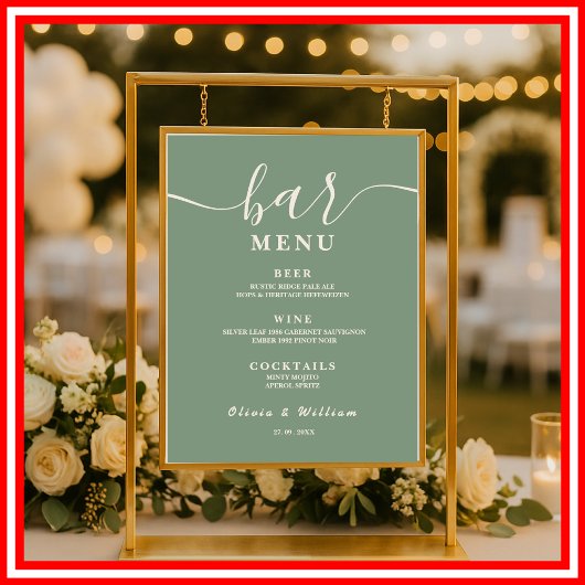 Poster Menu de Bar de Mariage Vert Sauge 