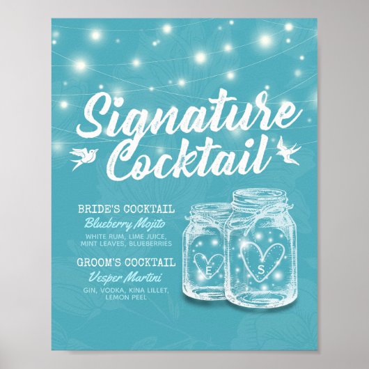 Poster Menu de Boisson Signature de Mariage Fleur Bleu de (Devant)