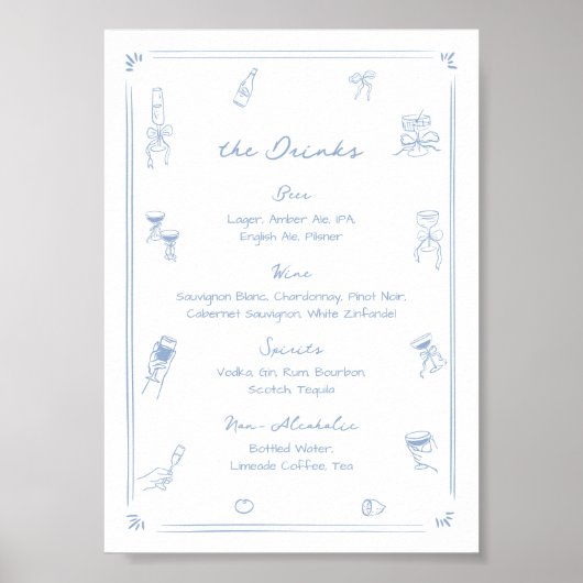 Poster Menu de boissons à la barre blanche et bleue dessi (Devant)