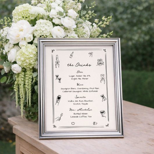 Poster Menu de boissons de bar de mariage fantaisiste des