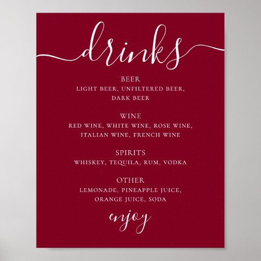 Poster Menu de boissons de mariage classique écriture Bou (Devant)