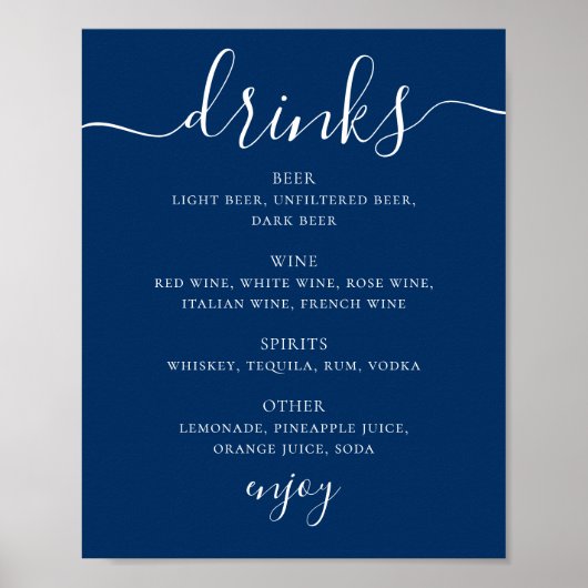 Poster Menu de boissons de mariage Deep Blue Navy | Menu (Devant)